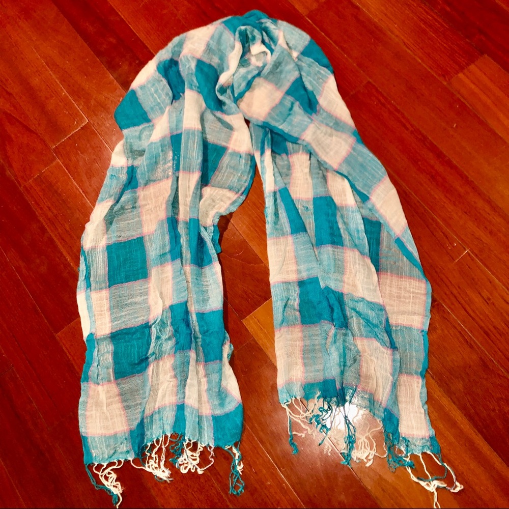 Fashion plaid turquoise, white, pink fringe scarf